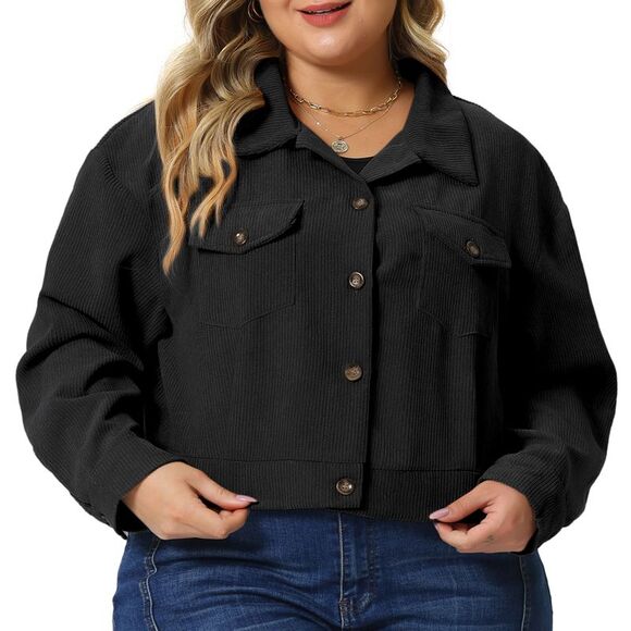 Plus Size Lightweight Cropped Shacket Button Down Corduroy Shacket Jackets Black - Picture 2 of 5